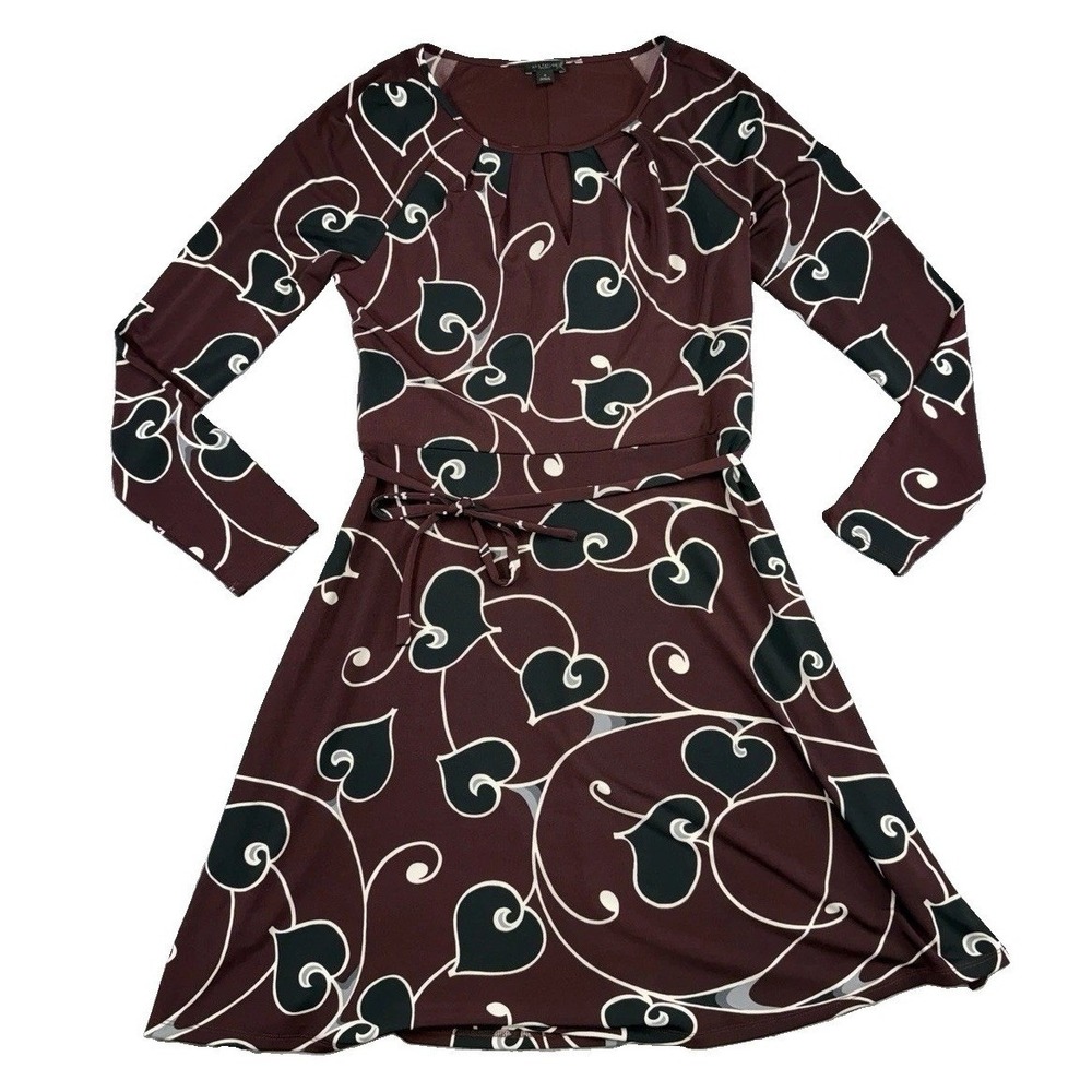 Ann Taylor Burgundy Black Liquid Knit A-line Flare Tie Waist Dress Sz M Preppy